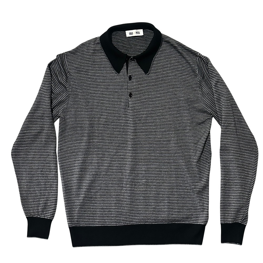 Gold Pfeil Mens Pure Wool Knit Polo Sweater Made in England Black Grey Striped L